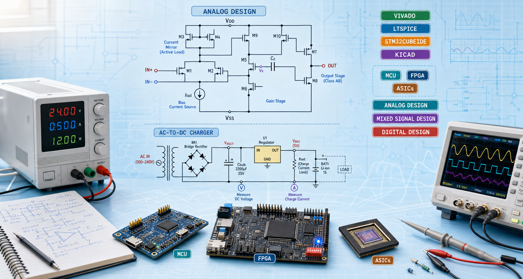 Light blue analog engineering bench with transistor-level op amp topology, AC-to-DC charger circuit, bench instruments, MCU, FPGA, ASIC, and EDA tool labels